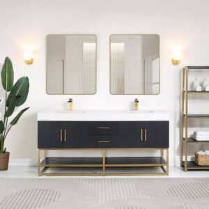 Altair 552072G-BO-WH Bianco 72 Inch Brushed Gold Support Base Freestanding Double Bathroom Vanity in Black Oak with White Composite Stone Countertop and Mirror