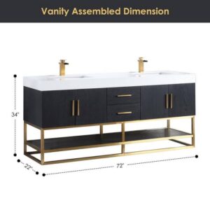 Altair 552072G-BO-WH Bianco 72 Inch Brushed Gold Support Base Freestanding Double Bathroom Vanity in Black Oak with White Composite Stone Countertop and Mirror