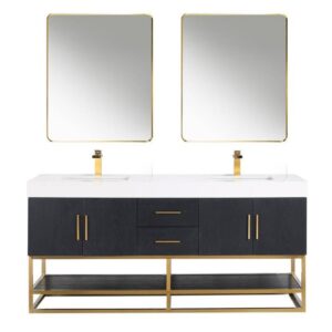 Altair 552072G-BO-WH Bianco 72 Inch Brushed Gold Support Base Freestanding Double Bathroom Vanity in Black Oak with White Composite Stone Countertop and Mirror