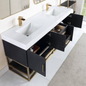 Altair 552072G-BO-WH Bianco 72 Inch Brushed Gold Support Base Freestanding Double Bathroom Vanity in Black Oak with White Composite Stone Countertop and Mirror