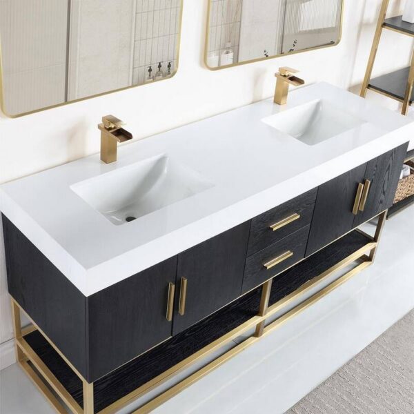 Altair 552072G-BO-WH Bianco 72 Inch Brushed Gold Support Base Freestanding Double Bathroom Vanity in Black Oak with White Composite Stone Countertop and Mirror