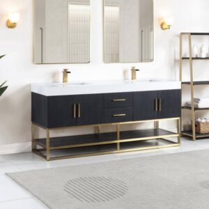 Altair 552072G-BO-WH-NM Bianco 72 Inch Brushed Gold Support Base Freestanding Double Bathroom Vanity in Black Oak with White Composite Stone Countertop without Mirror