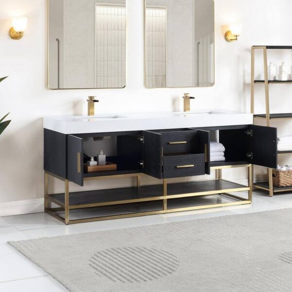 Altair 552072G-BO-WH-NM Bianco 72 Inch Brushed Gold Support Base Freestanding Double Bathroom Vanity in Black Oak with White Composite Stone Countertop without Mirror