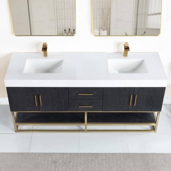 Altair 552072G-BO-WH-NM Bianco 72 Inch Brushed Gold Support Base Freestanding Double Bathroom Vanity in Black Oak with White Composite Stone Countertop without Mirror