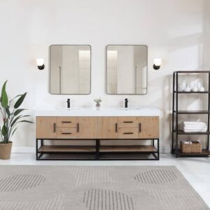 Altair 552084B-LB-WH Bianco 84 Inch Matte Black Support Base Freestanding Double Bathroom Vanity in Light Brown with White Composite Stone Countertop and Mirror