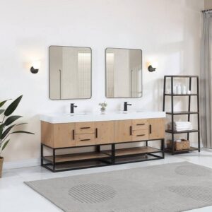 Altair 552084B-LB-WH Bianco 84 Inch Matte Black Support Base Freestanding Double Bathroom Vanity in Light Brown with White Composite Stone Countertop and Mirror