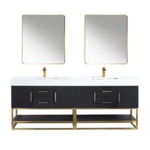 Altair 552084G-WH Bianco 84 Inch Brushed Gold Support Base Freestanding Double Bathroom Vanity with White Composite Stone Countertop and Mirror