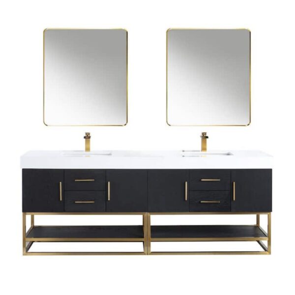 Altair 552084G-WH Bianco 84 Inch Brushed Gold Support Base Freestanding Double Bathroom Vanity with White Composite Stone Countertop and Mirror