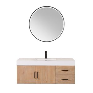 Altair 553048-LB-WH Corchia 47 5/8 Inch Wall-mounted Single Bathroom Vanity in Light Brown with White Composite Stone Countertop and Mirror