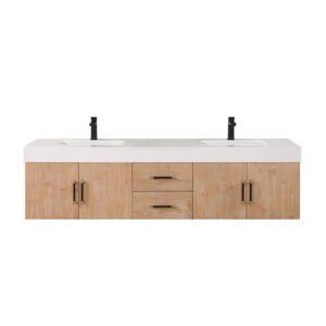 Altair 553072-LB-WH-NM Corchia 71 5/8 Inch Wall-mounted Double Bathroom Vanity in Light Brown with White Composite Stone Countertop without Mirror