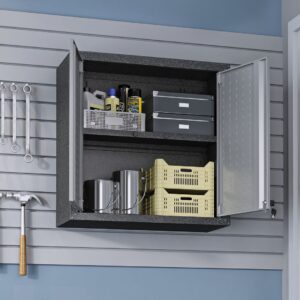 Manhattan Comfort Fortress 30" Floating Textured Metal Garage Cabinet with Adjustable Shelves in Grey