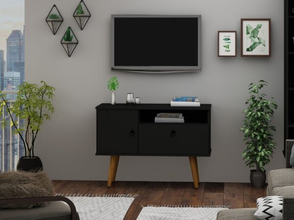 Manhattan Comfort Tribeca 35.43 Mid-Century Modern TV Stand with Solid Wood Legs in Black