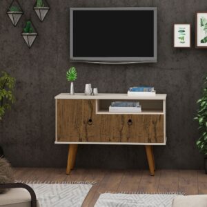 Manhattan Comfort Tribeca 35.43 Mid-Century Modern TV Stand with Solid Wood Legs in Off White and Nature