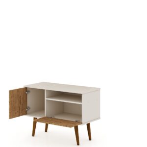 Manhattan Comfort Tribeca 35.43 Mid-Century Modern TV Stand with Solid Wood Legs in Off White and Nature