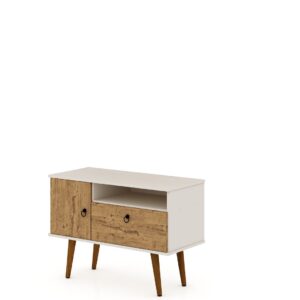 Manhattan Comfort Tribeca 35.43 Mid-Century Modern TV Stand with Solid Wood Legs in Off White and Nature