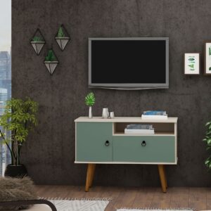 Manhattan Comfort Tribeca 35.43 Mid-Century Modern TV Stand with Solid Wood Legs in Off White and Green Mint