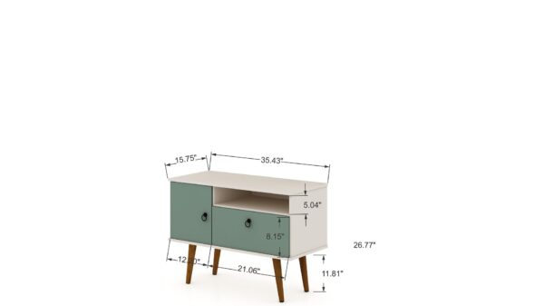 Manhattan Comfort Tribeca 35.43 Mid-Century Modern TV Stand with Solid Wood Legs in Off White and Green Mint