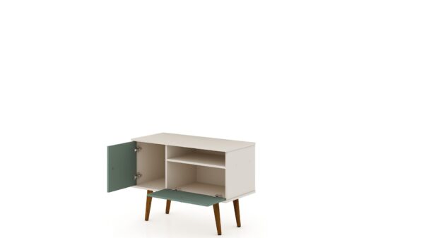 Manhattan Comfort Tribeca 35.43 Mid-Century Modern TV Stand with Solid Wood Legs in Off White and Green Mint