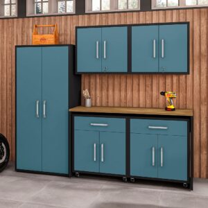 Manhattan Comfort Eiffel 6-Piece Garage Storage Set in Matte Black and Aqua Blue