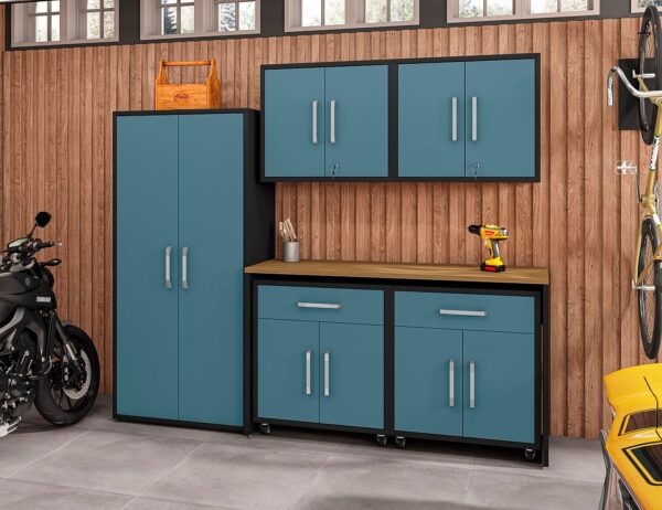 Manhattan Comfort Eiffel 6-Piece Garage Storage Set in Matte Black and Aqua Blue