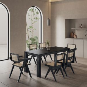 Manhattan Comfort 7-Piece Rockaway Modern 70.86 Solid Wood Dining Set in Black with 6 Hamlet Side and Arm Chairs