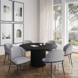 Manhattan Comfort 7-Piece Hathaway Modern 59.05 Solid Wood Round Dining Set in Black with 6 Flor Velvet Upholstered Dining Chairs in Grey