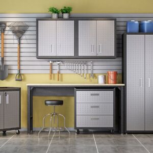 Manhattan Comfort 6-Piece Fortress Textured Garage Set with Cabinets, Wall Units and Table in Grey