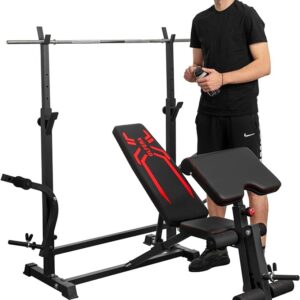 RetailHuntUSA 6-in-1 880lbs Weight Bench Set with Squat Rack, Adjustable Workout Bench for Full Body Strength Training, Bench Press with Barbell Rack Leg Developer Preacher Curl