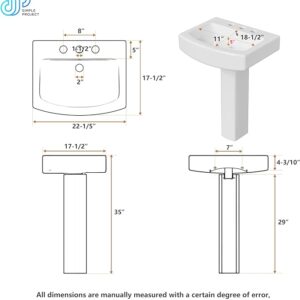 RetailHuntUSA 22” L X 17”W Ceramic Pedestal Sink For Lavatory, Rectangular Bathroom Pedestal Sinks with 3 Pre-Drilled Centers 8 Inch Widespread Faucet Holes, White