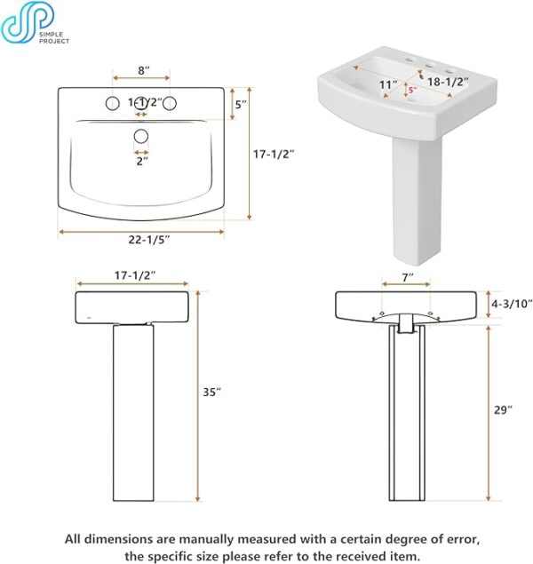 RetailHuntUSA 22” L X 17”W Ceramic Pedestal Sink For Lavatory, Rectangular Bathroom Pedestal Sinks with 3 Pre-Drilled Centers 8 Inch Widespread Faucet Holes, White