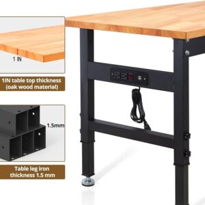 RetailHuntUSA Work Bench, Height Adjustable Workbench Heavy Duty Oak Wood Desktop Work Table with Power Outlets for Garage