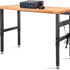 RetailHuntUSA Work Bench, Height Adjustable Workbench Heavy Duty Oak Wood Desktop Work Table with Power Outlets for Garage