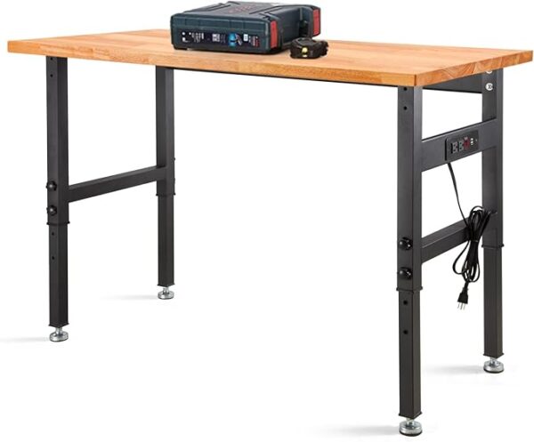 RetailHuntUSA Work Bench, Height Adjustable Workbench Heavy Duty Oak Wood Desktop Work Table with Power Outlets for Garage