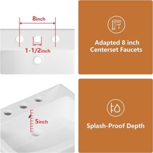 RetailHuntUSA 22” L X 17”W Ceramic Pedestal Sink For Lavatory, Rectangular Bathroom Pedestal Sinks with 3 Pre-Drilled Centers 8 Inch Widespread Faucet Holes, White