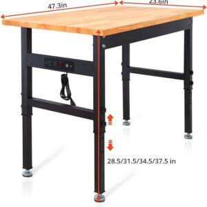 RetailHuntUSA Work Bench, Height Adjustable Workbench Heavy Duty Oak Wood Desktop Work Table with Power Outlets for Garage