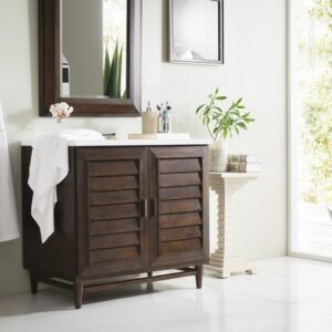 James Martin 620-V36-BNM-3AF Portland 36 Inch Single Vanity in Burnished Mahogany with 3 cm Arctic Fall Solid Surface Top