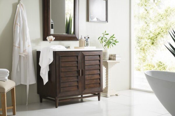 James Martin 620-V36-BNM-3CAR Portland 36 Inch Single Vanity in Burnished Mahogany with 3 cm Carrara Marble Top