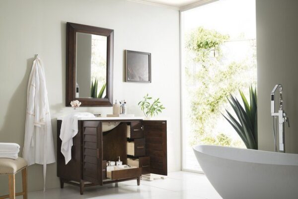 James Martin 620-V36-BNM-3CAR Portland 36 Inch Single Vanity in Burnished Mahogany with 3 cm Carrara Marble Top