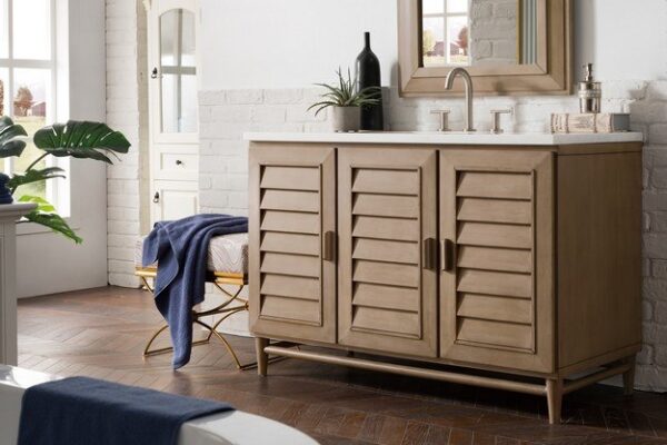 James Martin 620-V48-WW-3AF Portland 48 Inch Single Vanity in Whitewashed Walnut with 3 cm Arctic Fall Solid Surface Top