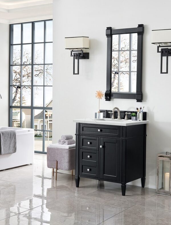 James Martin 650-V30-BKO-3ENC Brittany 30 Inch Single Vanity Cabinet with Ethereal Noctis Quartz Top - Black Onyx