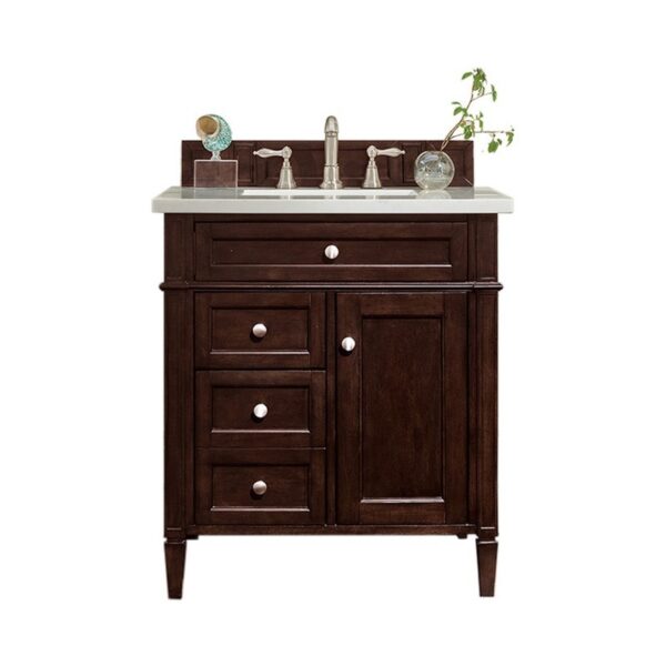 James Martin 650-V30-BNM-3AF Brittany 30 Inch Single Vanity in Burnished Mahogany with 3 cm Arctic Fall Solid Surface Top