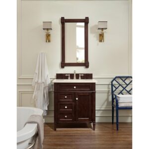 James Martin 650-V30-BNM-3EMR Brittany 30 Inch Single Vanity in Burnished Mahogany with 3 CM Eternal Marfil Quartz Top