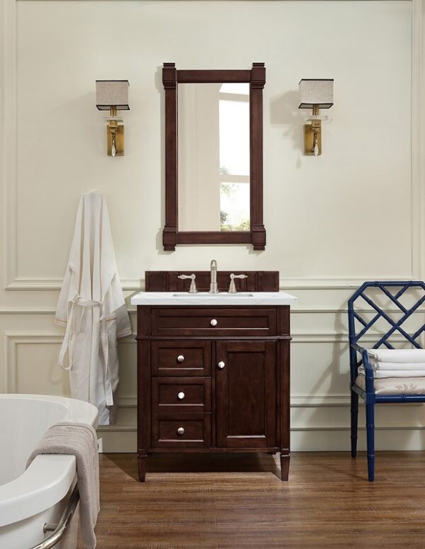 James Martin 650-V30-BNM-3ENC Brittany 30 Inch Single Vanity Cabinet with Ethereal Noctis Quartz Top - Burnished Mahogany