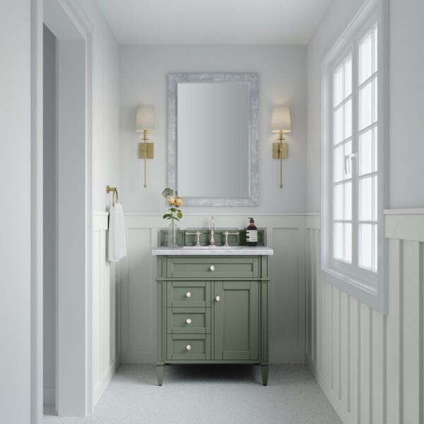 James Martin 650-V30-SC-3CAR Brittany 30 Inch Smokey Celadon Single Sink Vanity with 3 cm Carrara Marble Top