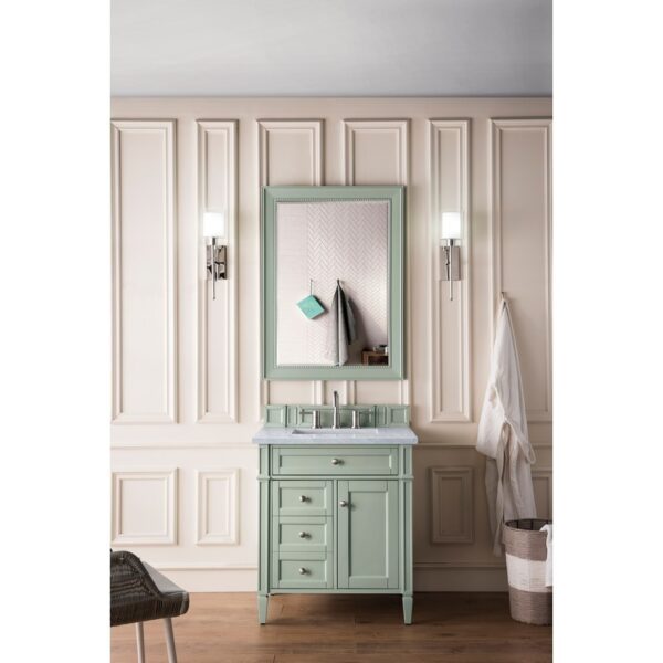 James Martin 650-V30-SGR-3AF Brittany 30 Inch Single Vanity in Sage Green with 3 CM Arctic Fall Solid Surface Top