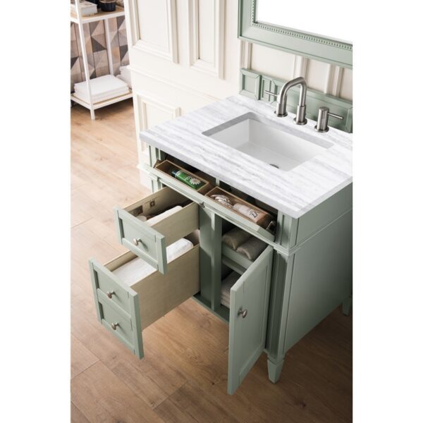 James Martin 650-V30-SGR-3AF Brittany 30 Inch Single Vanity in Sage Green with 3 CM Arctic Fall Solid Surface Top