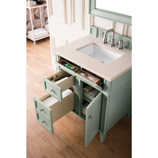 James Martin 650-V30-SGR-3EMR Brittany 30 Inch Single Vanity in Sage Green with 3 CM Eternal Marfil Quartz Top