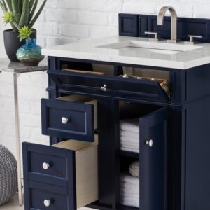 James Martin 650-V30-VBL-3EJP Brittany 30 Inch Single Vanity in Victory Blue with 3 cm Eternal Jasmine Pearl Quartz Top with Sink