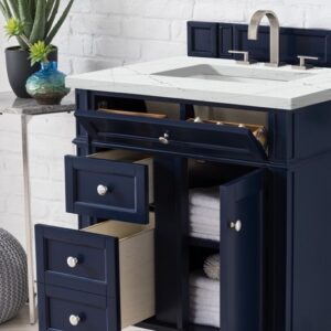 James Martin 650-V30-VBL-3ENC Brittany 30 Inch Single Vanity Cabinet with Ethereal Noctis Quartz Top - Victory Blue