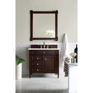 James Martin 650-V36-BNM-3EMR Brittany 36 Inch Burnished Mahogany Single Vanity with 3 CM Eternal Marfil Quartz Top